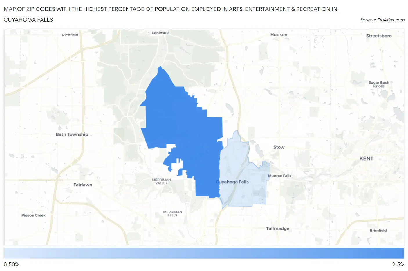 Zip Codes with the Highest Percentage of Population Employed in Arts, Entertainment & Recreation in Cuyahoga Falls Map