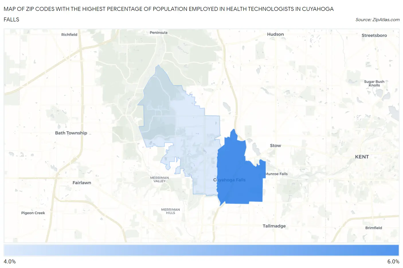 Zip Codes with the Highest Percentage of Population Employed in Health Technologists in Cuyahoga Falls Map