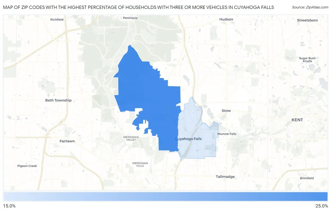 Zip Codes with the Highest Percentage of Households With Three or more Vehicles in Cuyahoga Falls Map