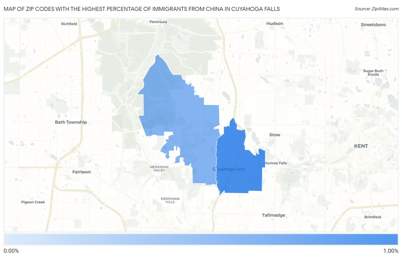Zip Codes with the Highest Percentage of Immigrants from China in Cuyahoga Falls Map