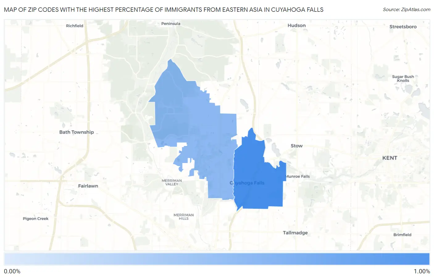 Zip Codes with the Highest Percentage of Immigrants from Eastern Asia in Cuyahoga Falls Map
