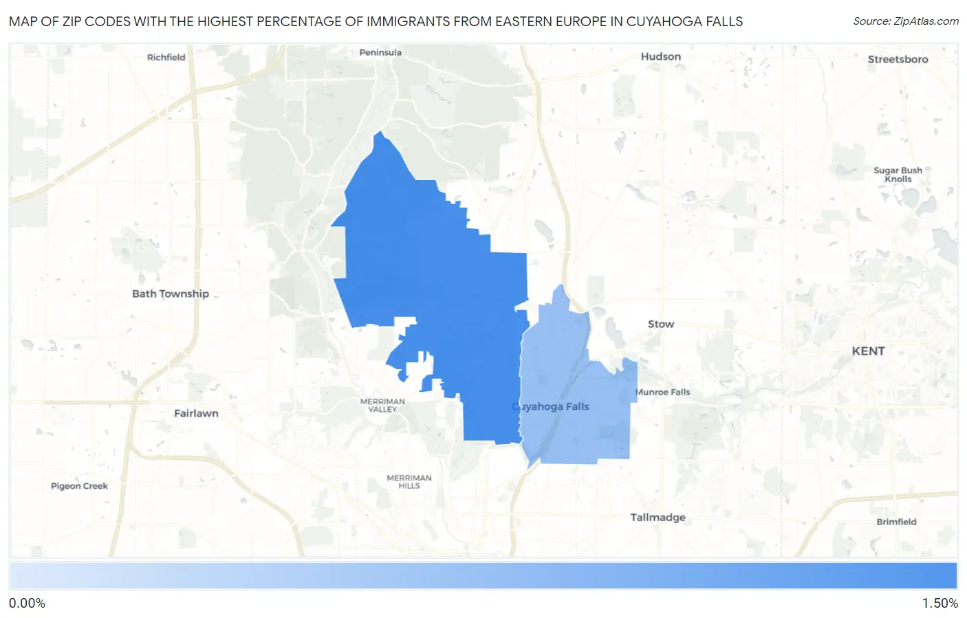 Zip Codes with the Highest Percentage of Immigrants from Eastern Europe in Cuyahoga Falls Map