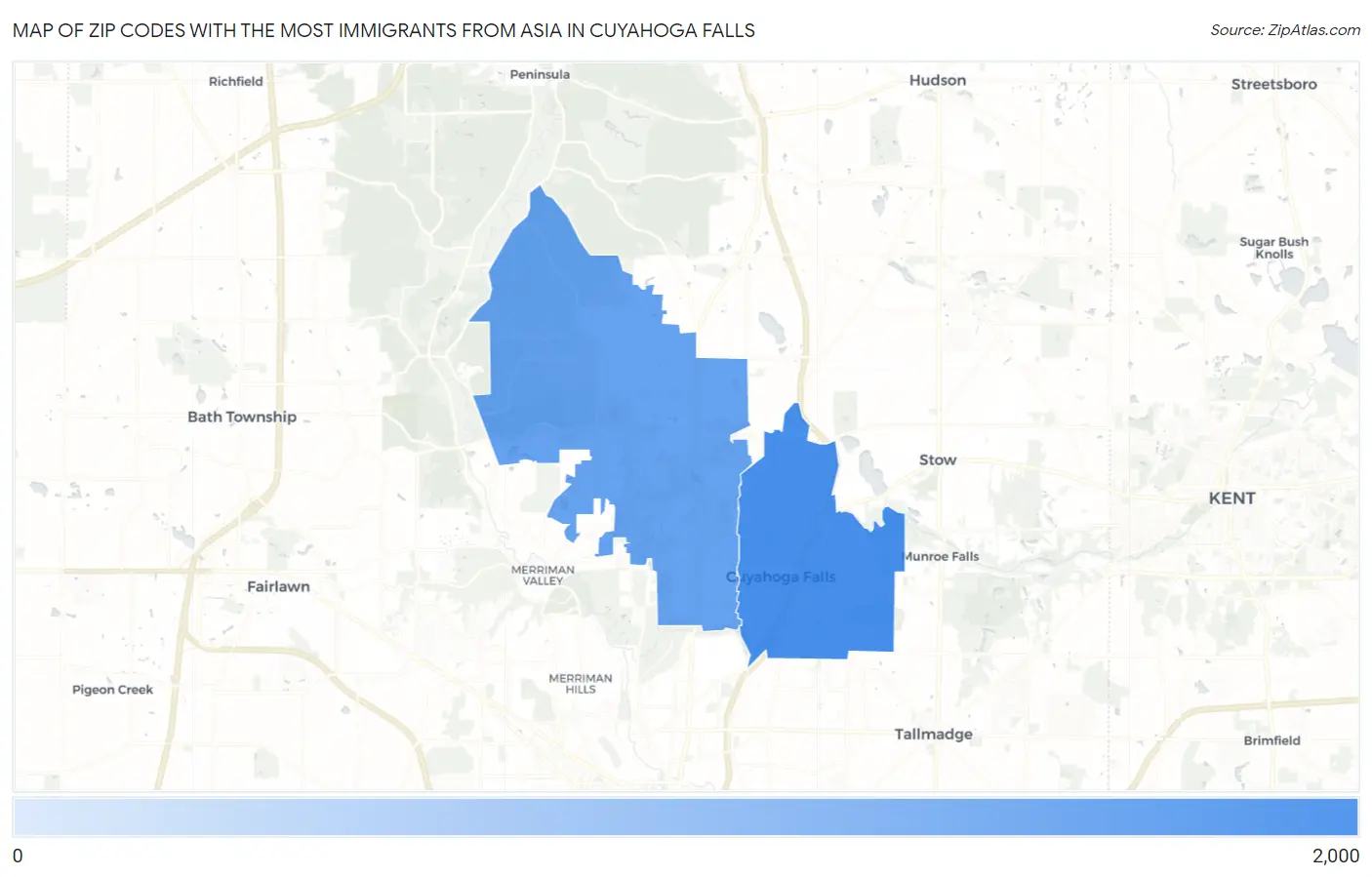 Zip Codes with the Most Immigrants from Asia in Cuyahoga Falls Map
