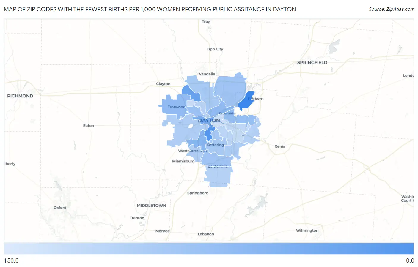 Zip Codes with the Fewest Births per 1,000 Women Receiving Public Assitance in Dayton Map