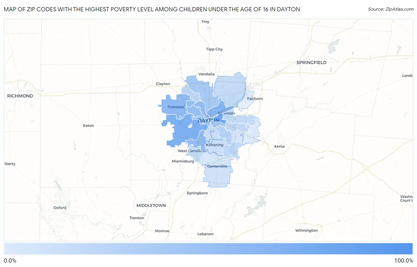 Zip Codes with the Highest Poverty Level Among Children Under the Age of 16 in Dayton Map