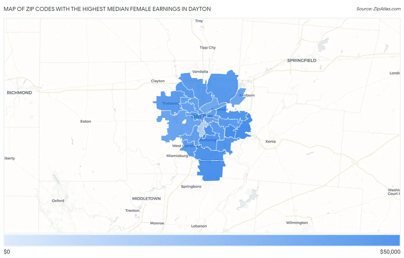 Zip Codes with the Highest Median Female Earnings in Dayton Map