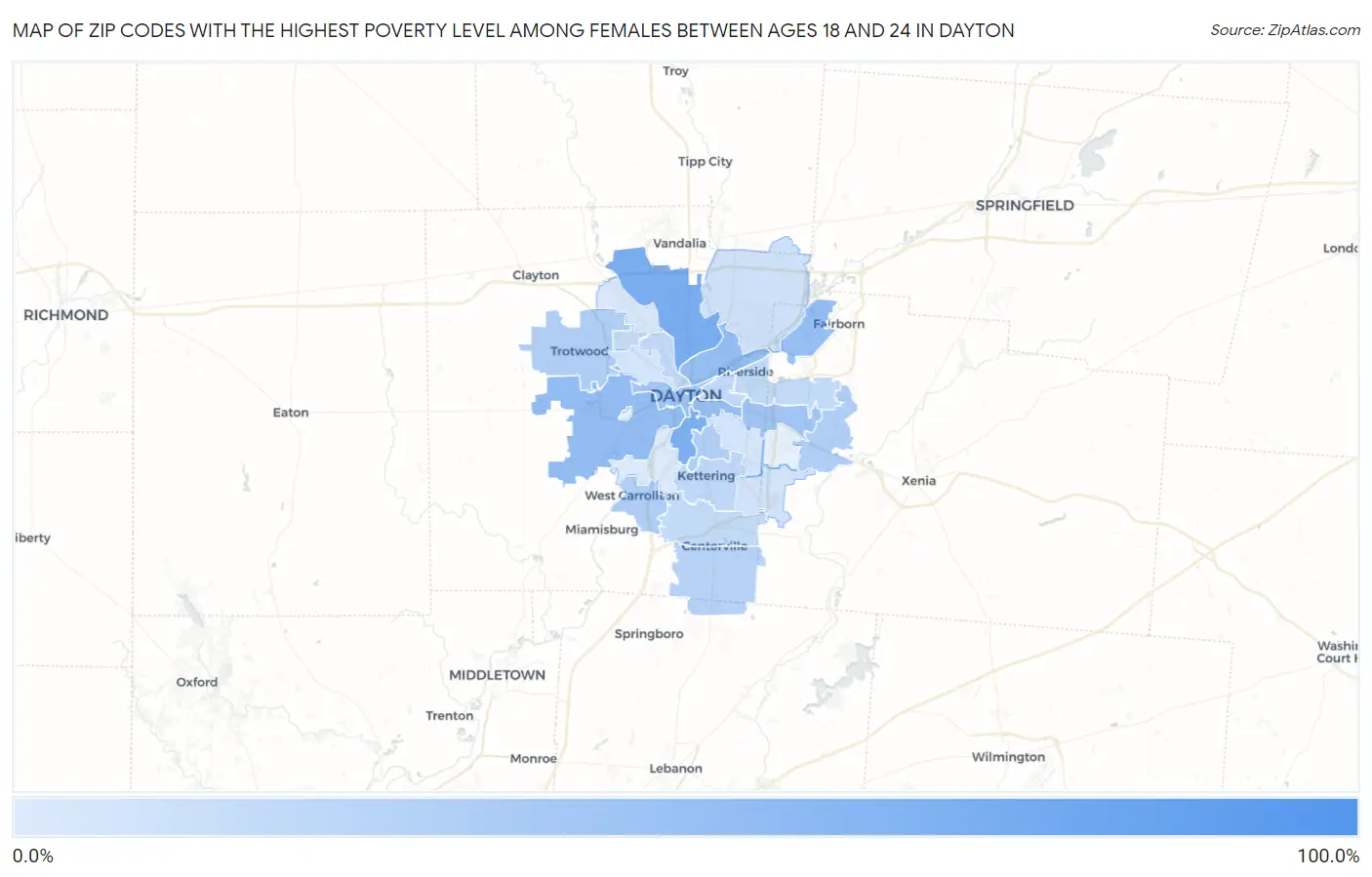 Zip Codes with the Highest Poverty Level Among Females Between Ages 18 and 24 in Dayton Map