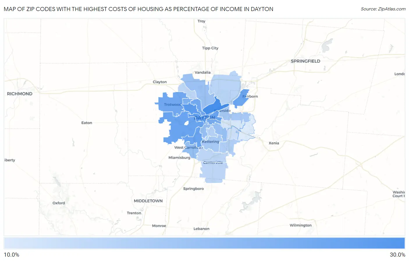 Zip Codes with the Highest Costs of Housing as Percentage of Income in Dayton Map