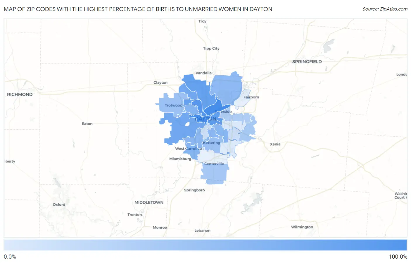 Zip Codes with the Highest Percentage of Births to Unmarried Women in Dayton Map