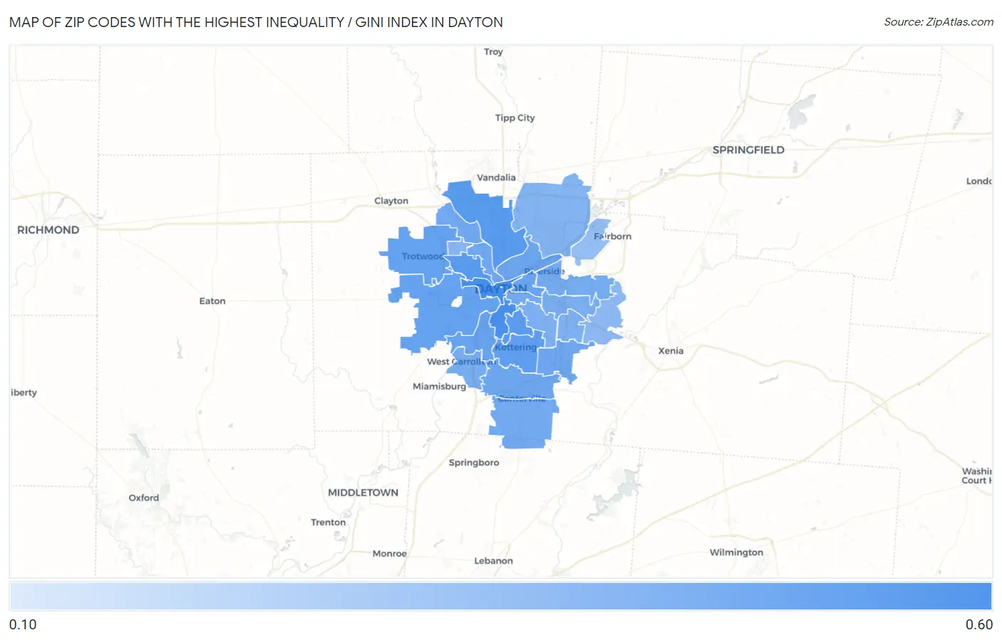 Zip Codes with the Highest Inequality / Gini Index in Dayton Map