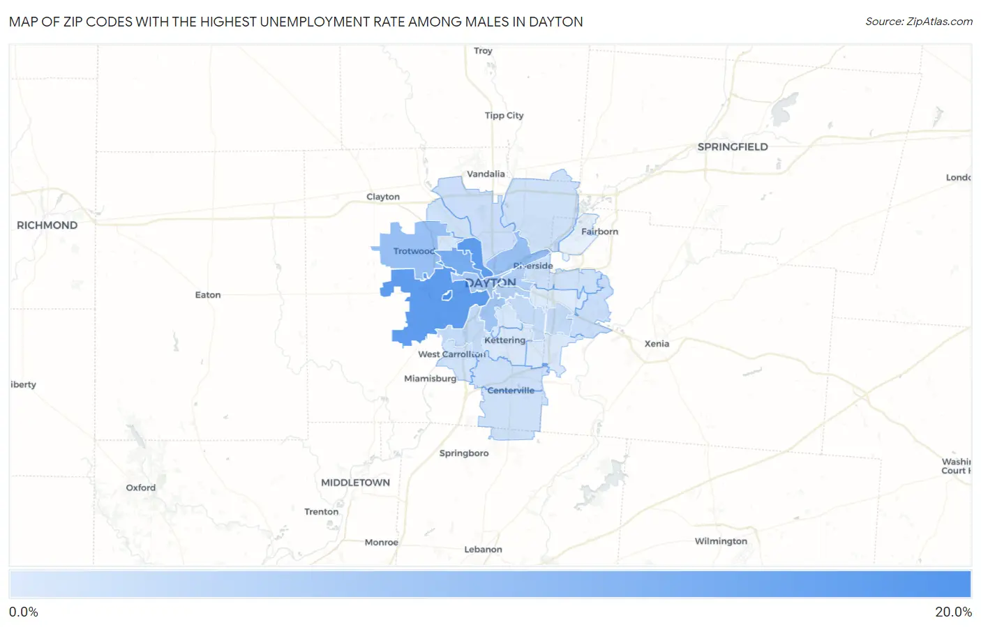 Zip Codes with the Highest Unemployment Rate Among Males in Dayton Map