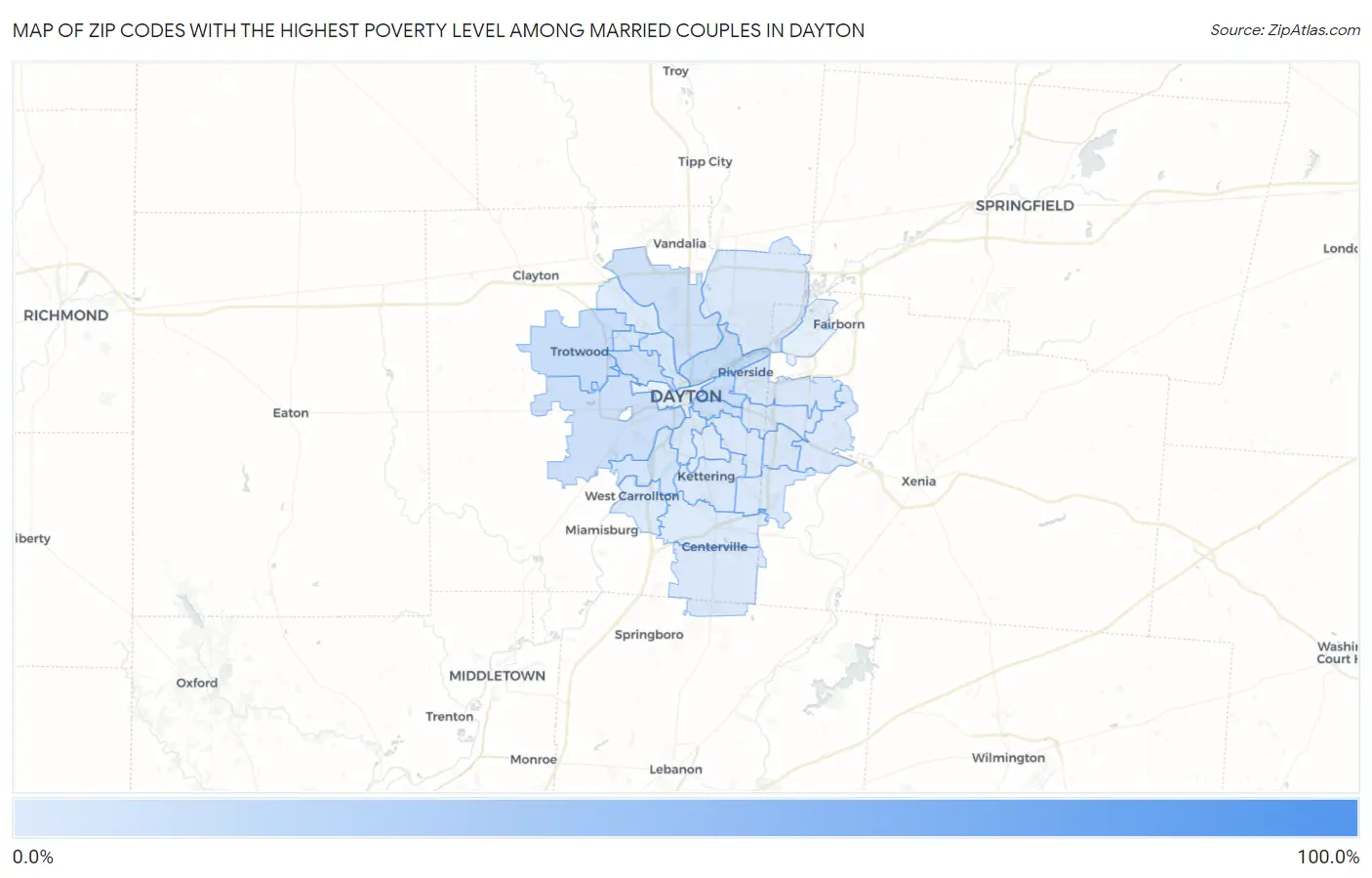 Zip Codes with the Highest Poverty Level Among Married Couples in Dayton Map