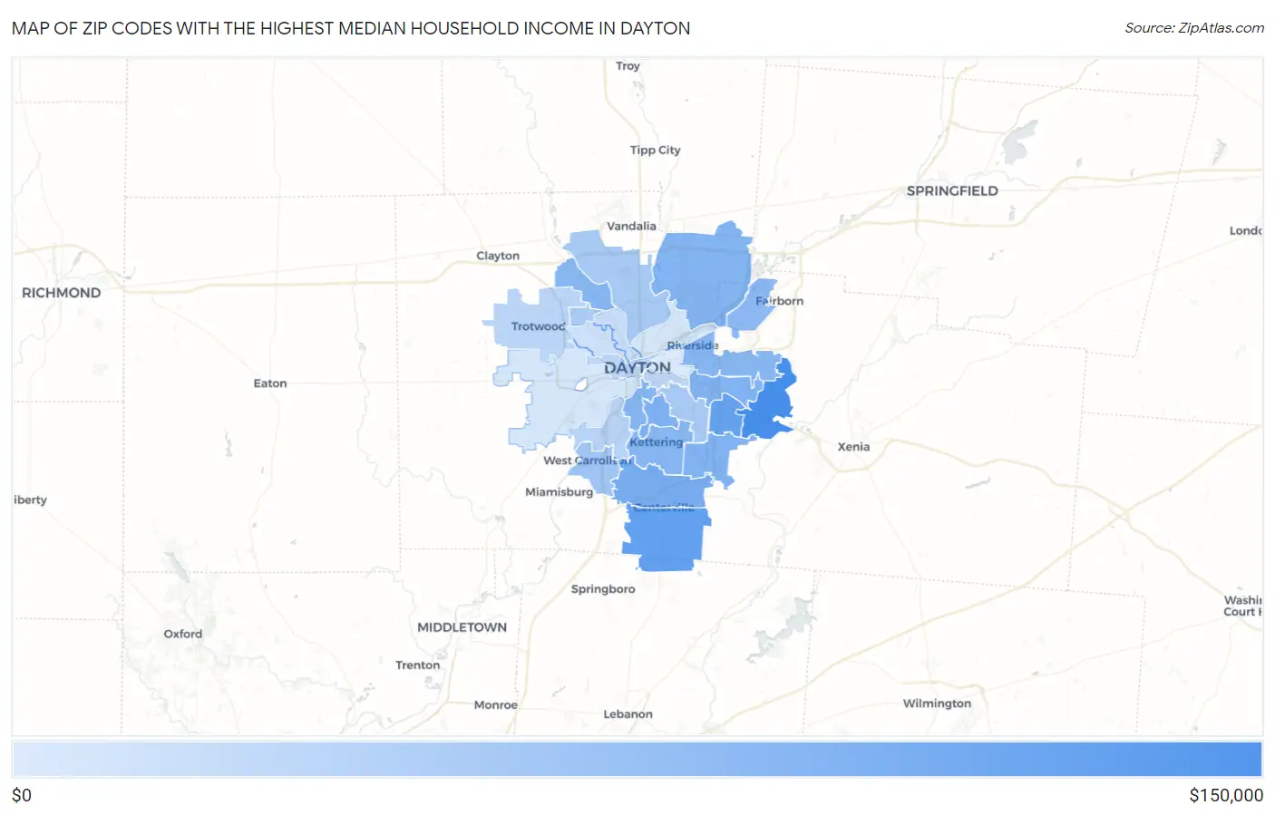 Zip Codes with the Highest Median Household Income in Dayton Map
