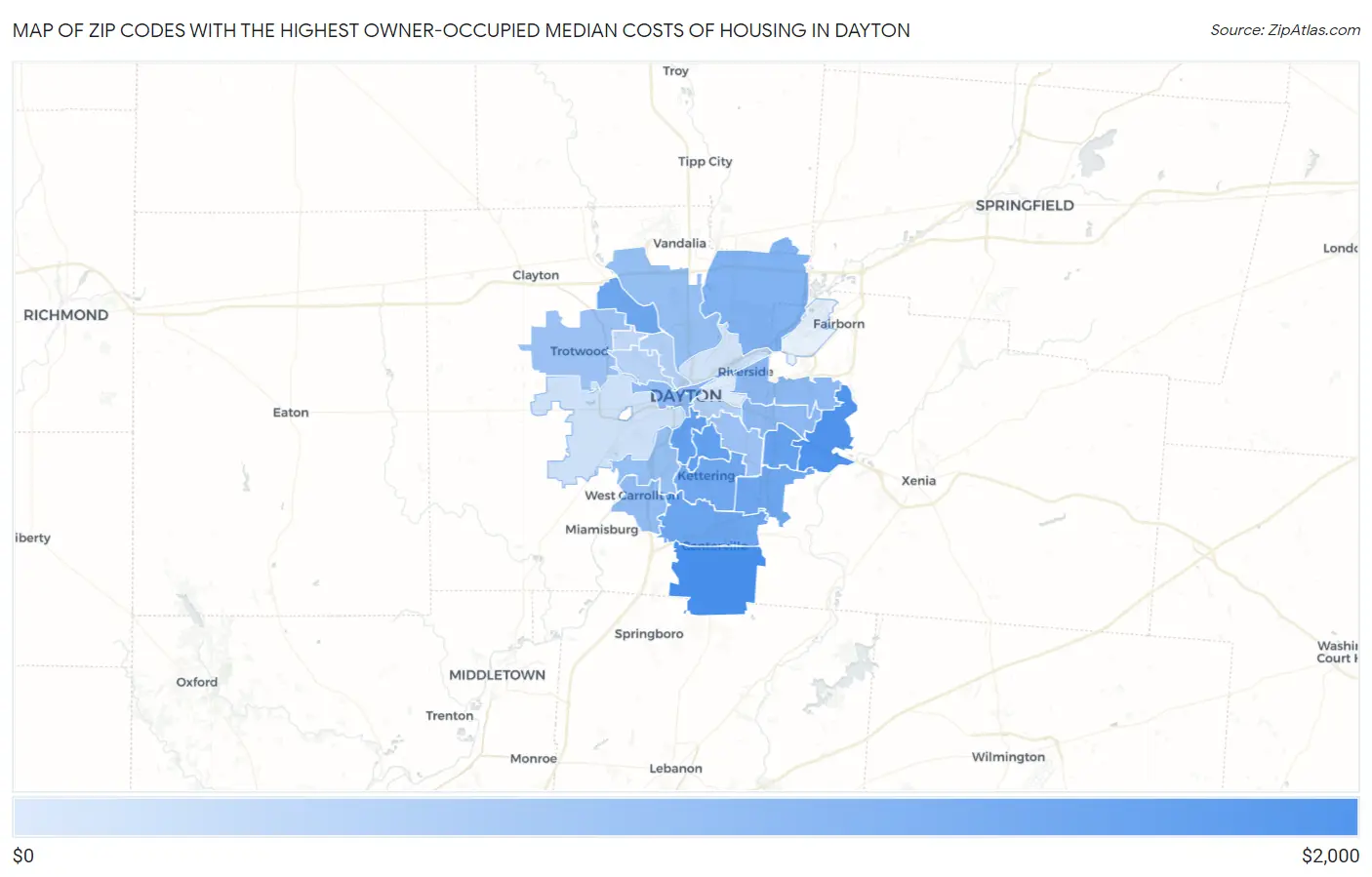 Zip Codes with the Highest Owner-Occupied Median Costs of Housing in Dayton Map