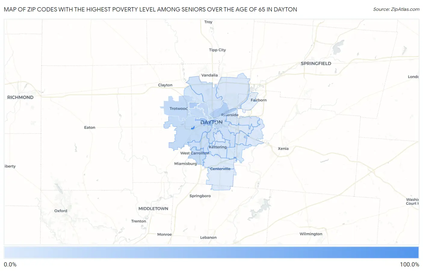 Zip Codes with the Highest Poverty Level Among Seniors Over the Age of 65 in Dayton Map