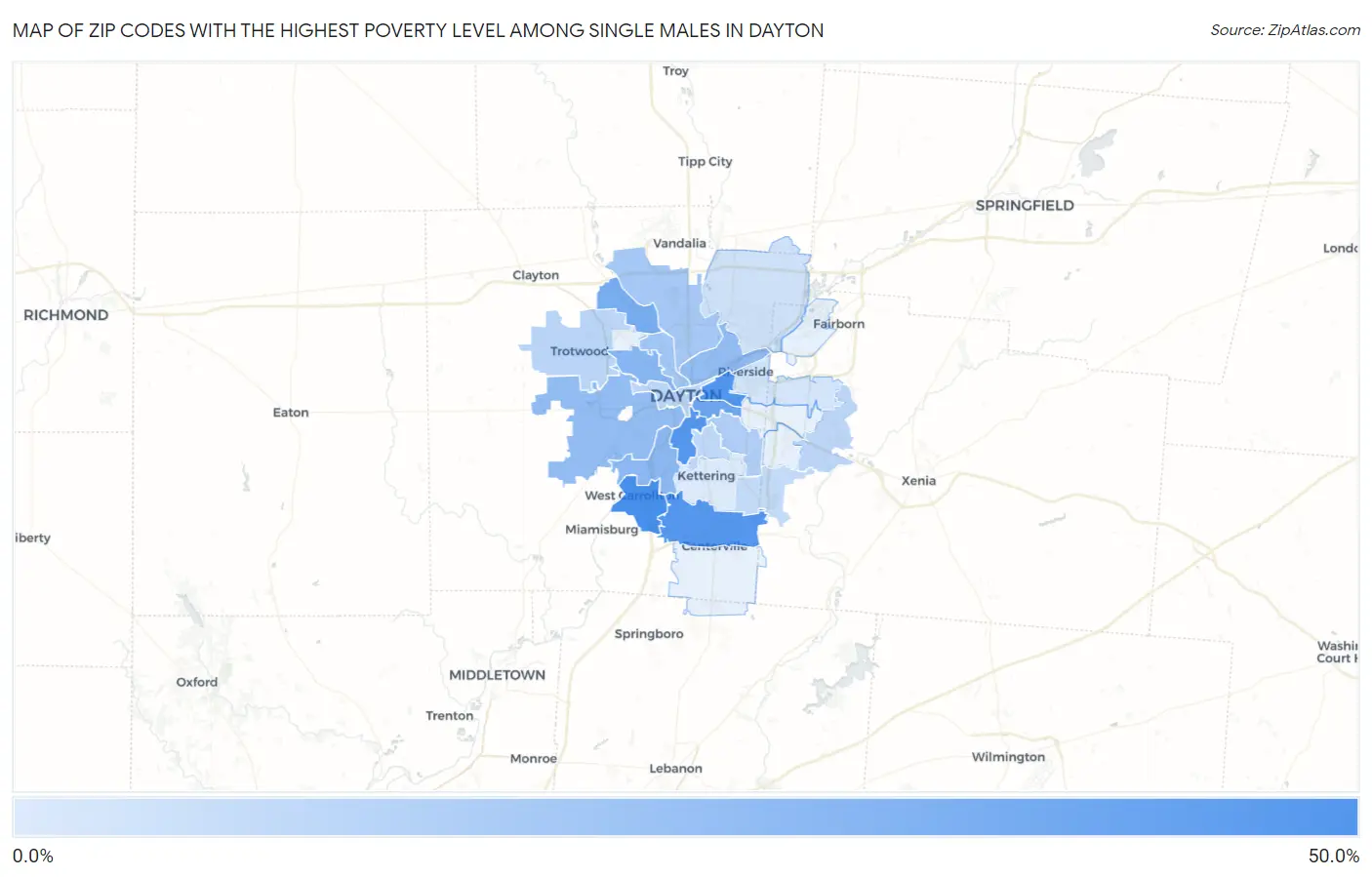 Zip Codes with the Highest Poverty Level Among Single Males in Dayton Map