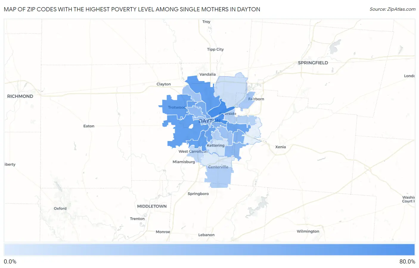 Zip Codes with the Highest Poverty Level Among Single Mothers in Dayton Map