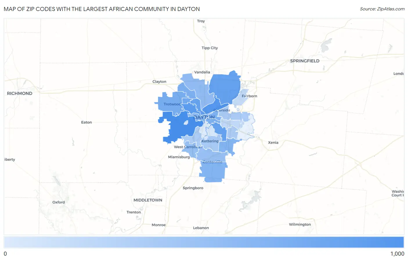 Zip Codes with the Largest African Community in Dayton Map
