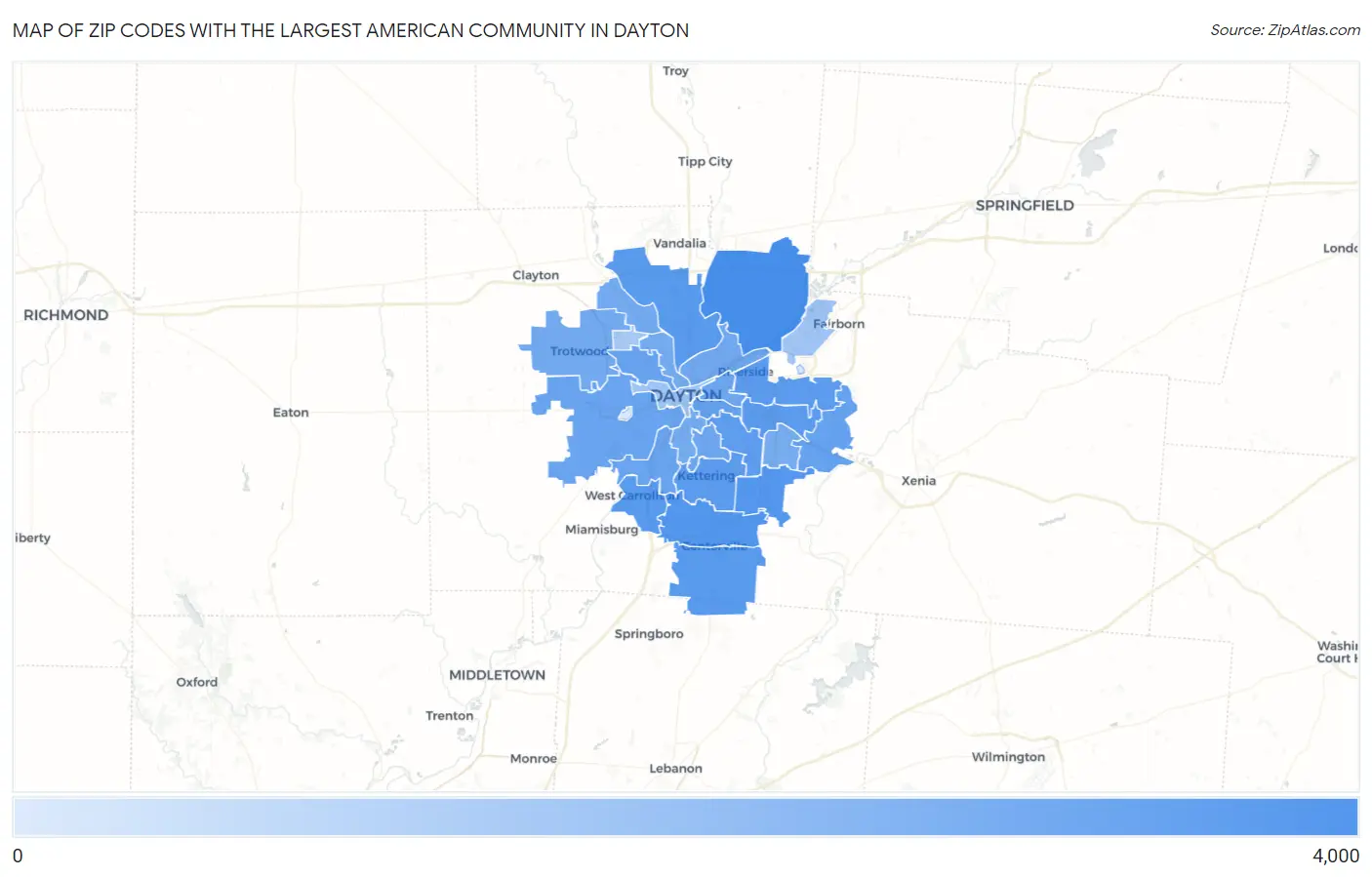 Zip Codes with the Largest American Community in Dayton Map