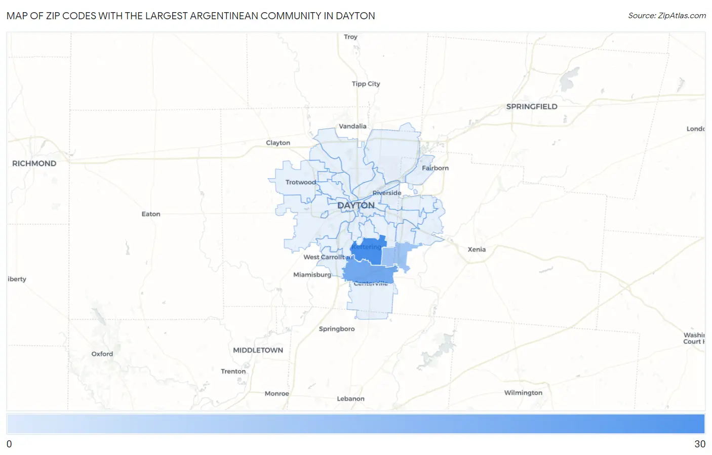Zip Codes with the Largest Argentinean Community in Dayton Map