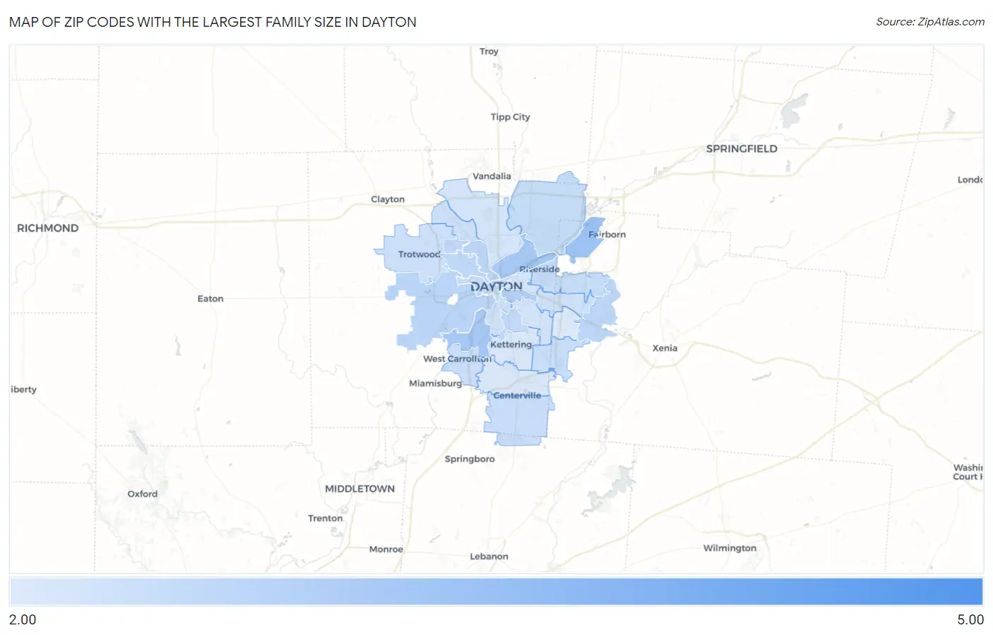 Zip Codes with the Largest Family Size in Dayton Map