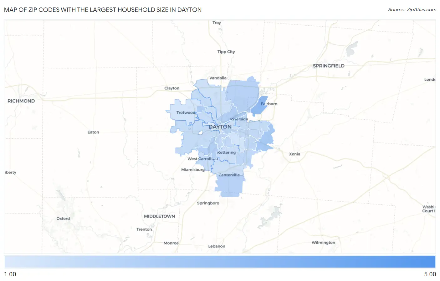 Zip Codes with the Largest Household Size in Dayton Map