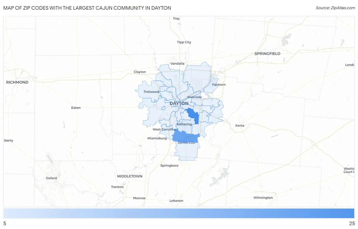 Zip Codes with the Largest Cajun Community in Dayton Map