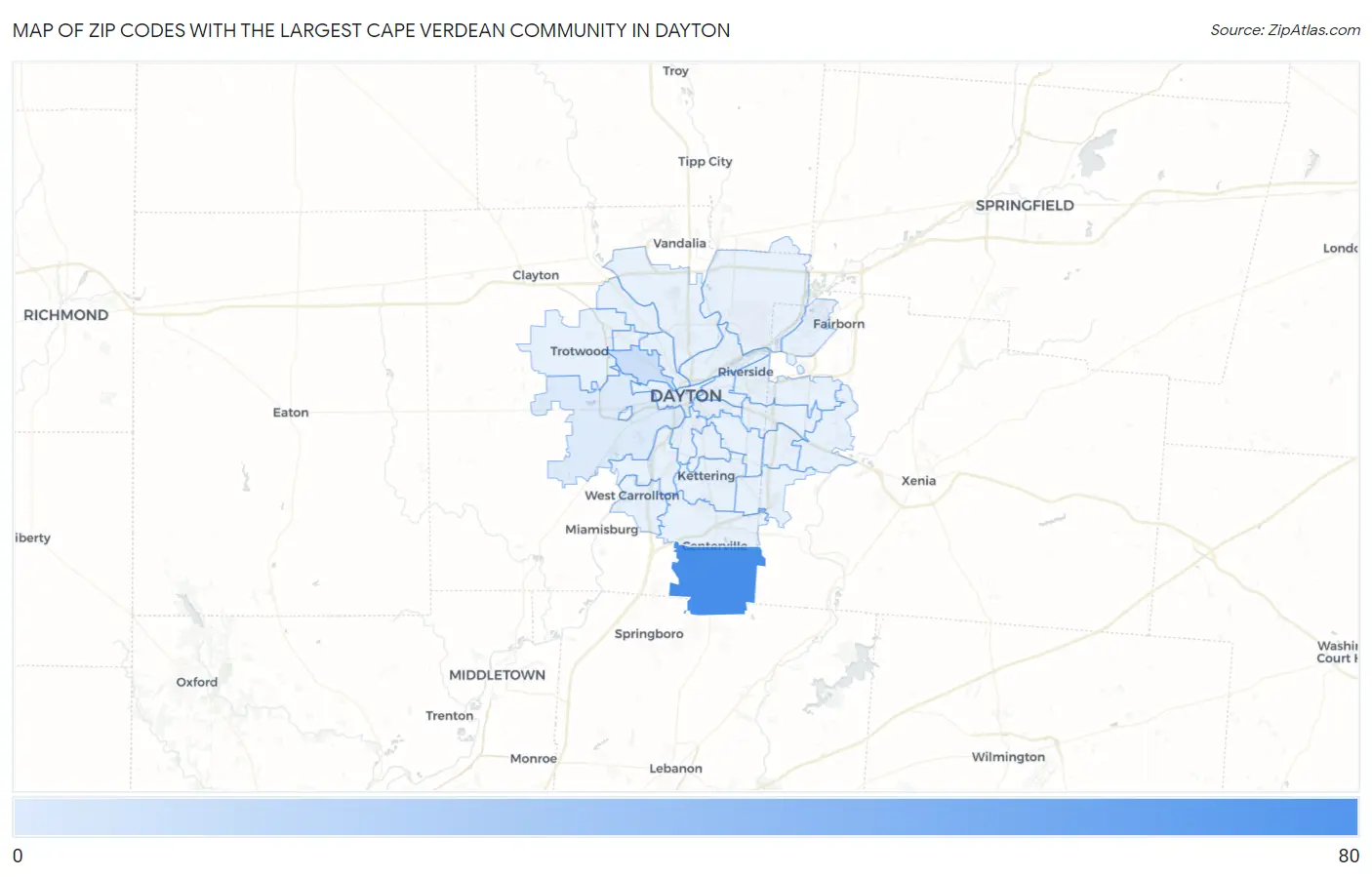 Zip Codes with the Largest Cape Verdean Community in Dayton Map