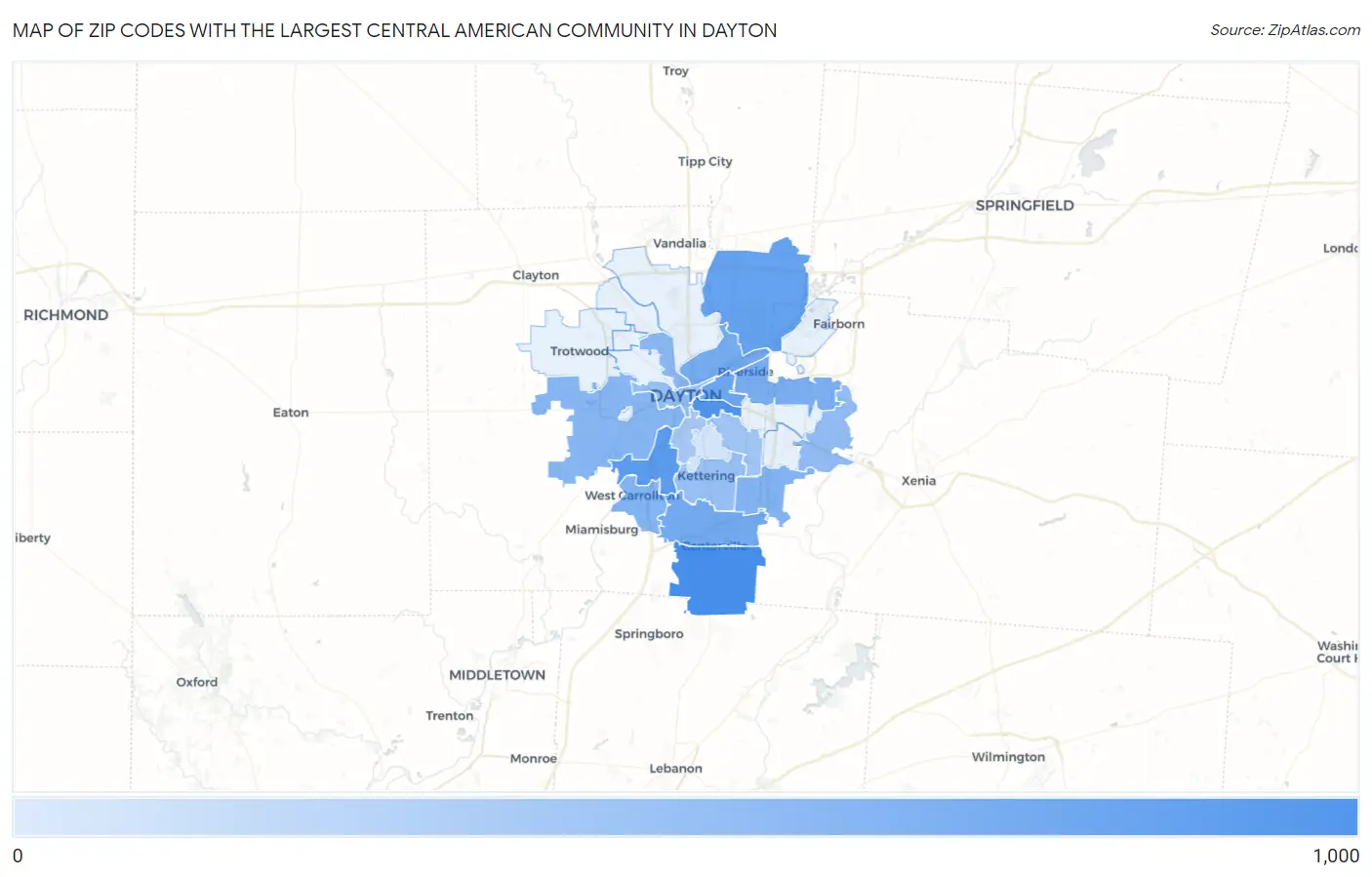 Zip Codes with the Largest Central American Community in Dayton Map