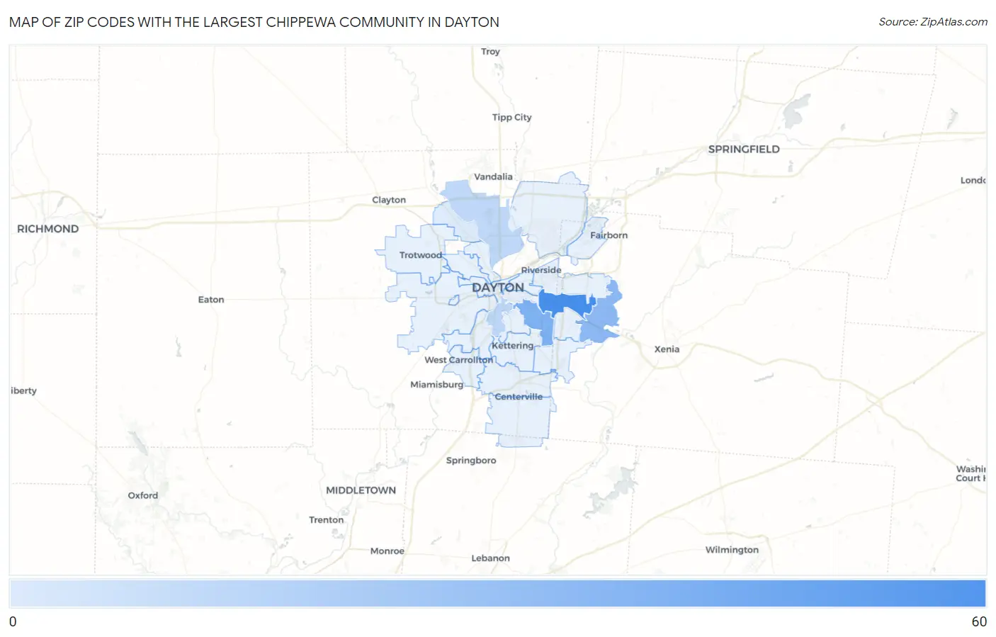 Zip Codes with the Largest Chippewa Community in Dayton Map