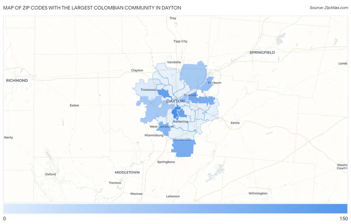 Zip Codes with the Largest Colombian Community in Dayton Map