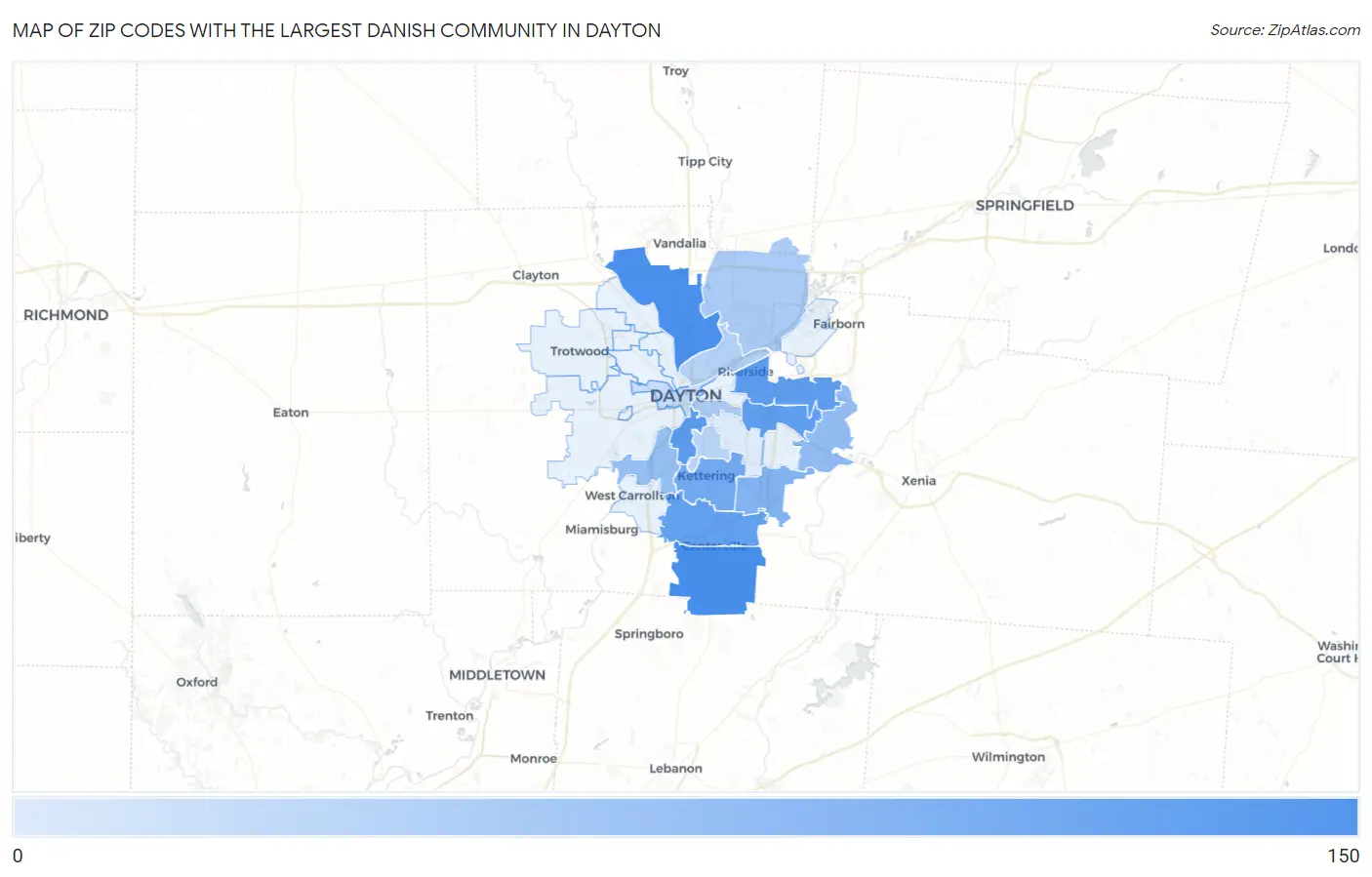 Zip Codes with the Largest Danish Community in Dayton Map