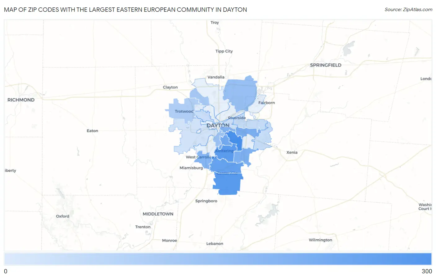 Zip Codes with the Largest Eastern European Community in Dayton Map