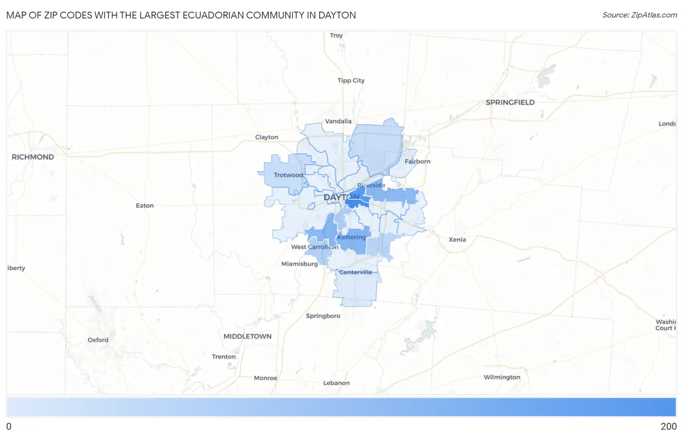 Zip Codes with the Largest Ecuadorian Community in Dayton Map