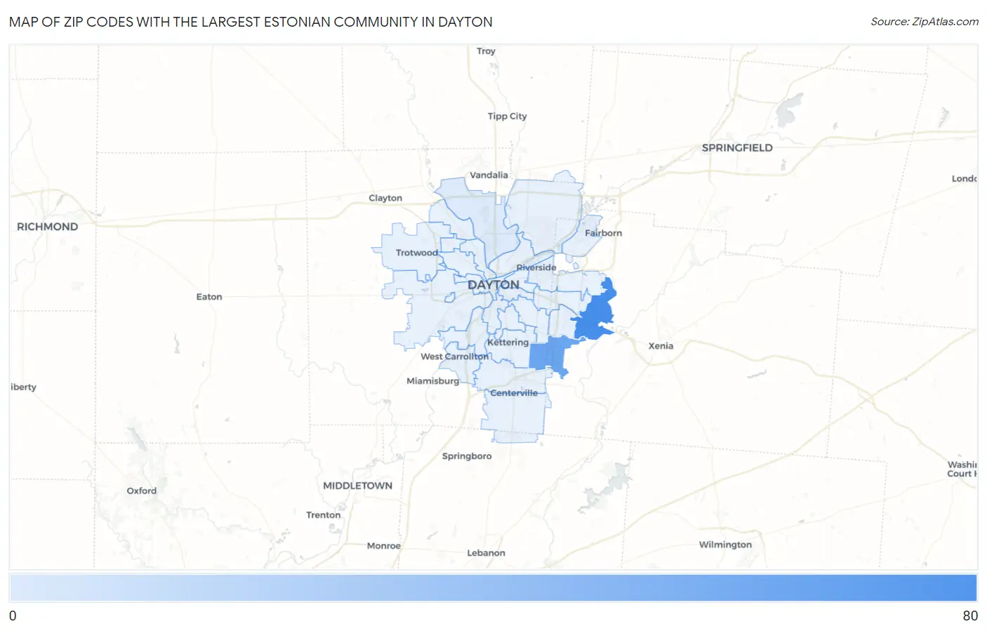 Zip Codes with the Largest Estonian Community in Dayton Map