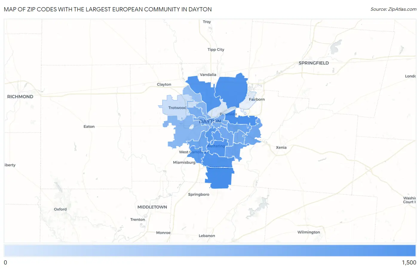 Zip Codes with the Largest European Community in Dayton Map