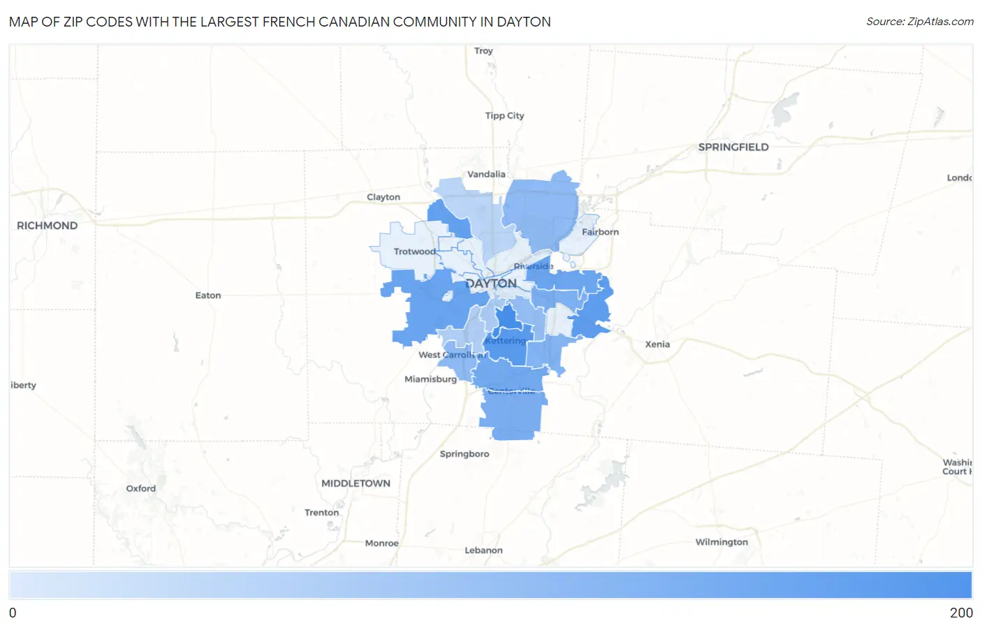 Zip Codes with the Largest French Canadian Community in Dayton Map