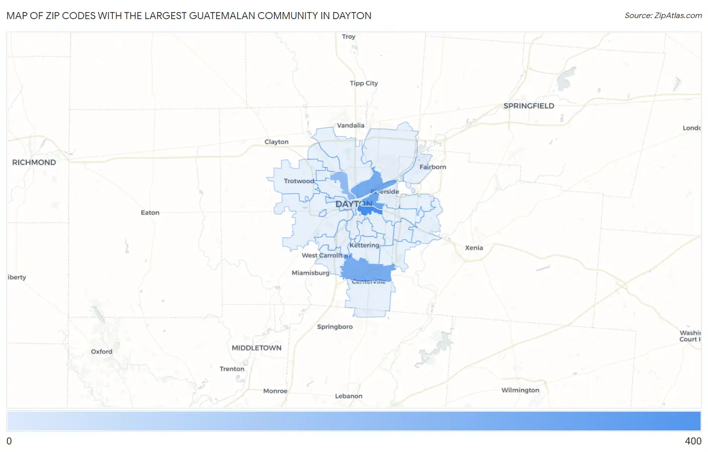 Zip Codes with the Largest Guatemalan Community in Dayton Map