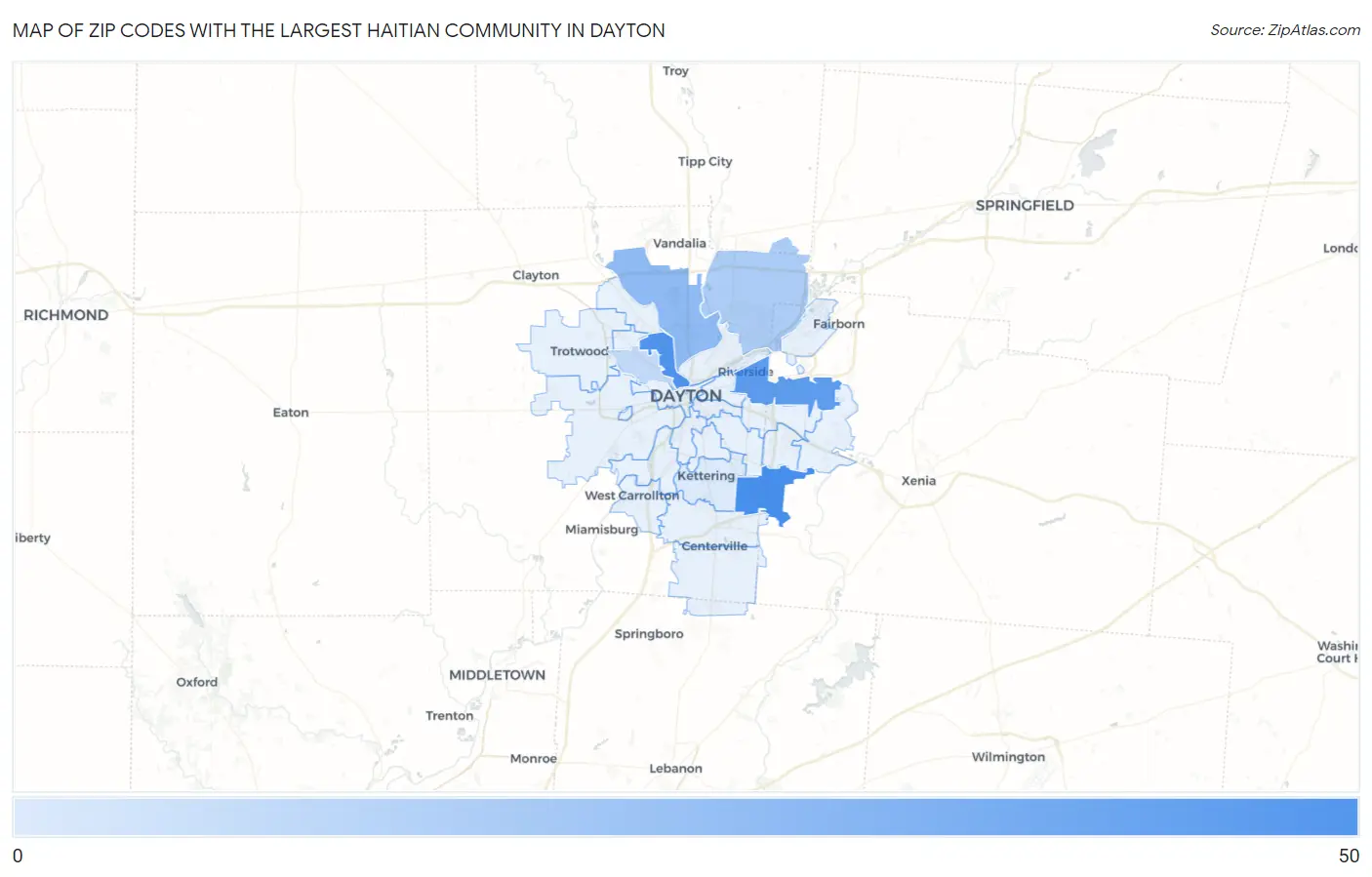 Zip Codes with the Largest Haitian Community in Dayton Map
