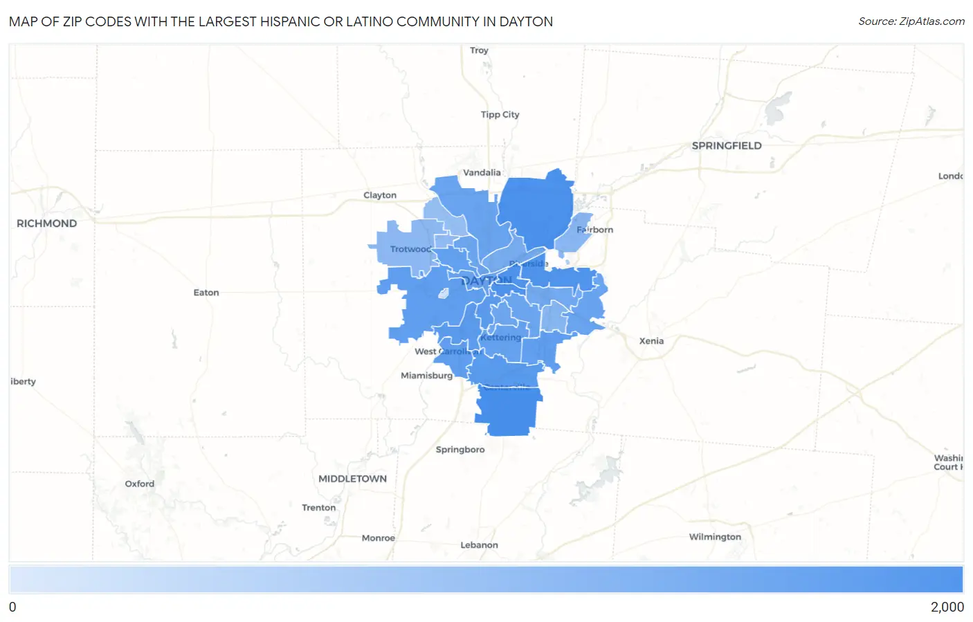 Zip Codes with the Largest Hispanic or Latino Community in Dayton Map