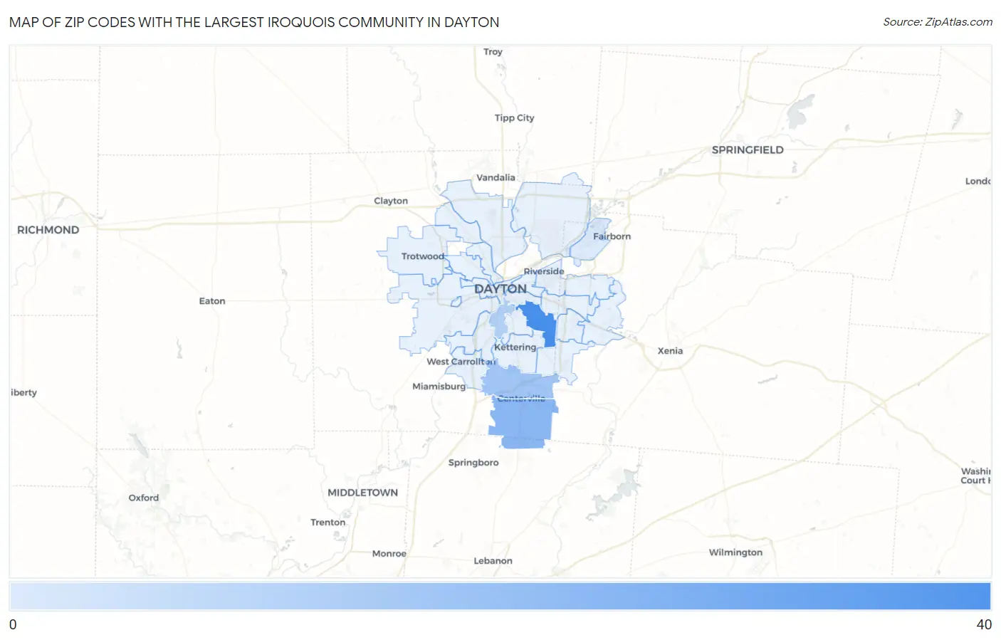 Zip Codes with the Largest Iroquois Community in Dayton Map