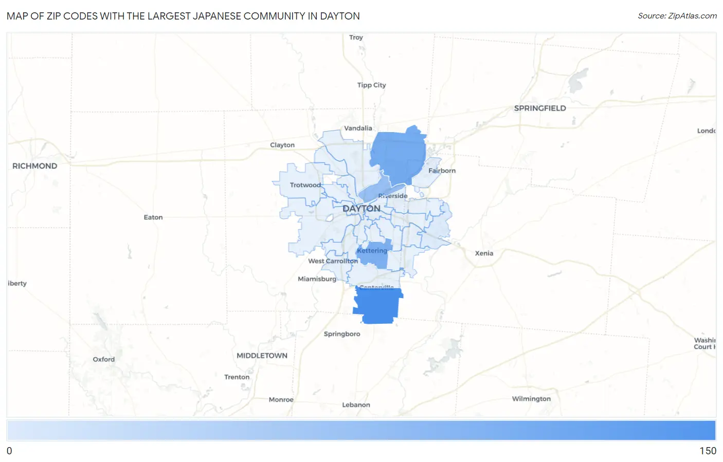 Zip Codes with the Largest Japanese Community in Dayton Map
