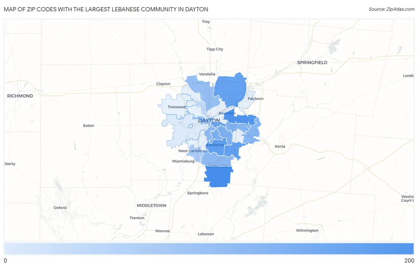 Zip Codes with the Largest Lebanese Community in Dayton Map