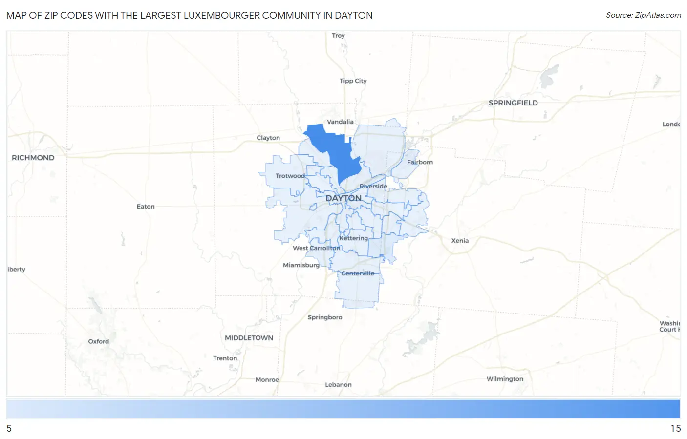 Zip Codes with the Largest Luxembourger Community in Dayton Map
