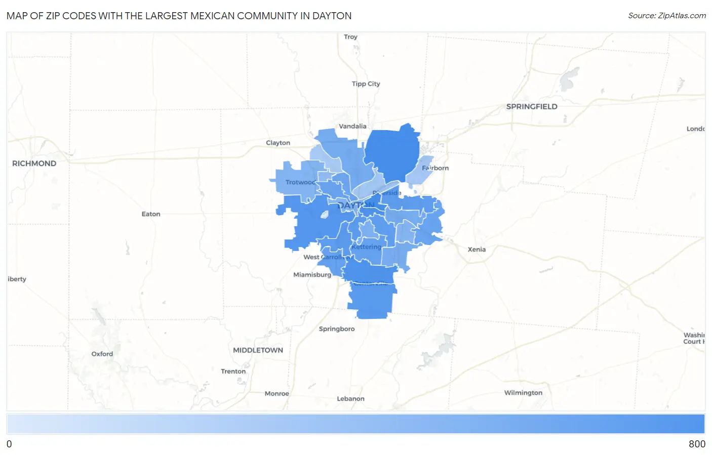 Zip Codes with the Largest Mexican Community in Dayton Map