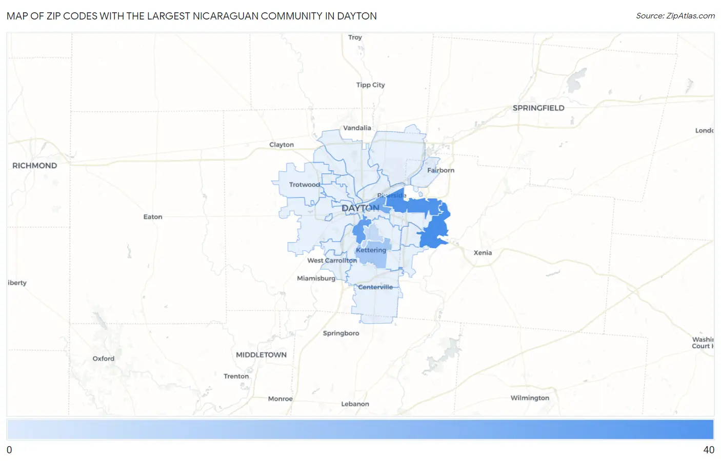 Zip Codes with the Largest Nicaraguan Community in Dayton Map