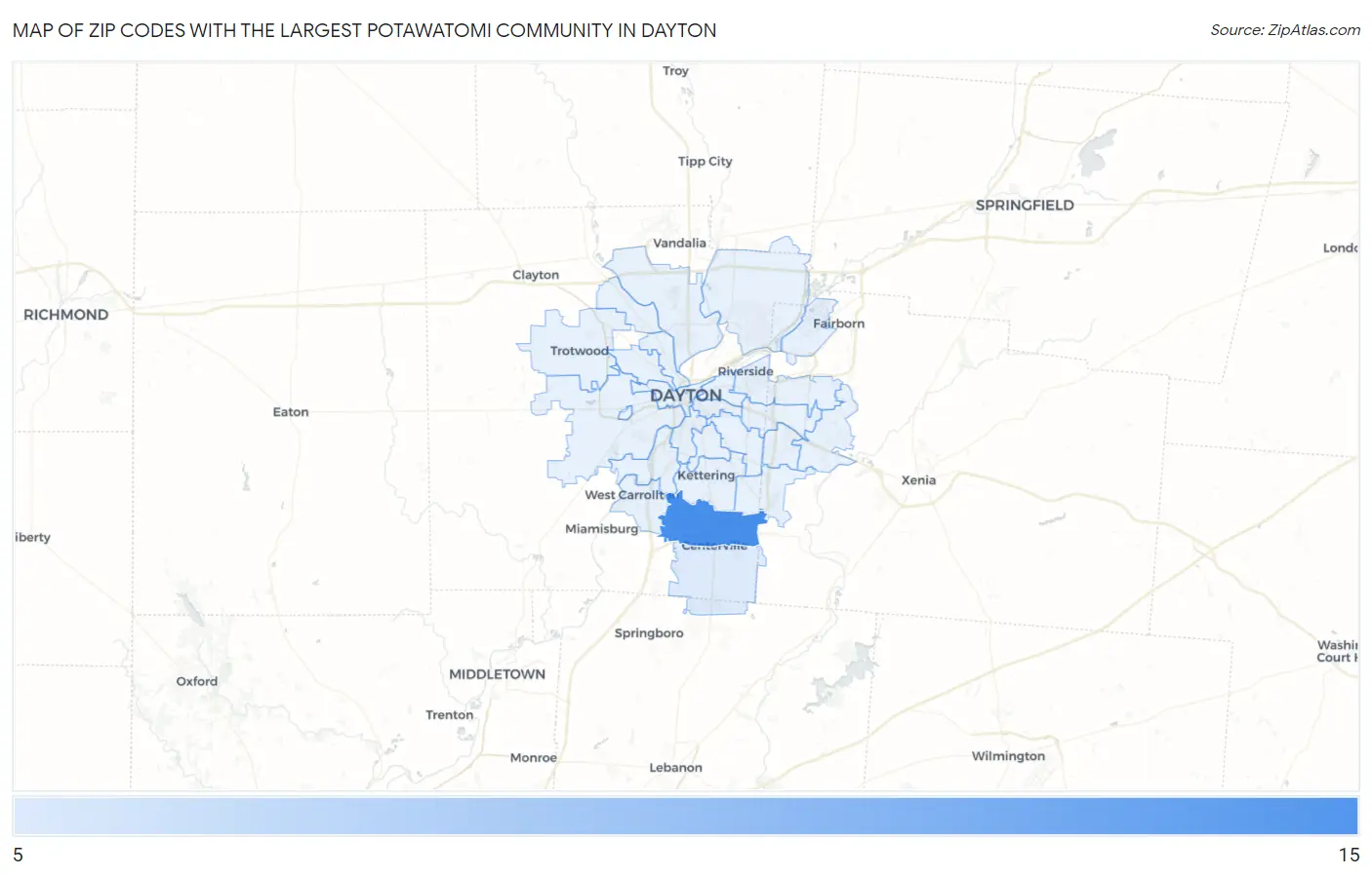 Zip Codes with the Largest Potawatomi Community in Dayton Map