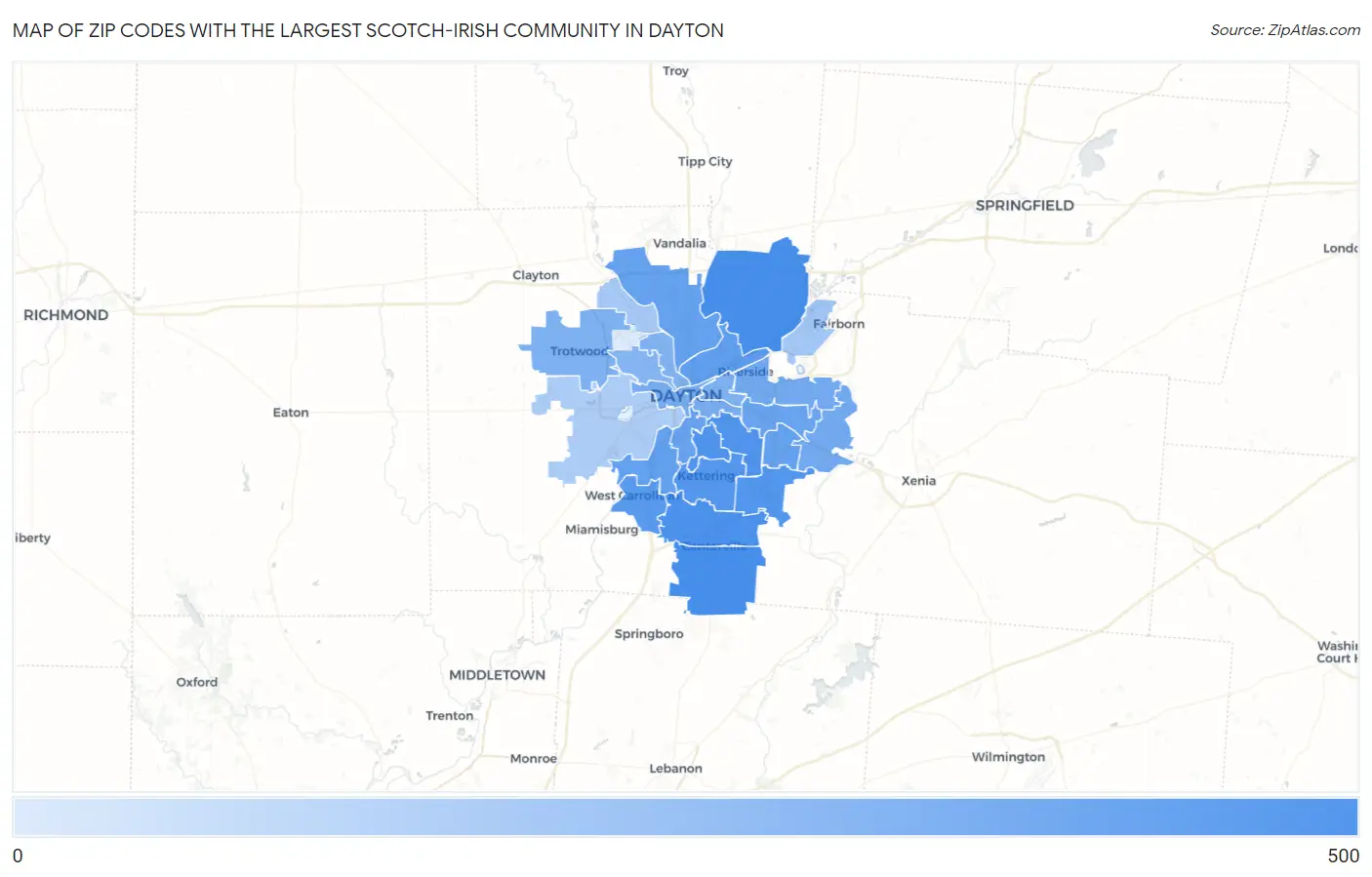 Zip Codes with the Largest Scotch-Irish Community in Dayton Map