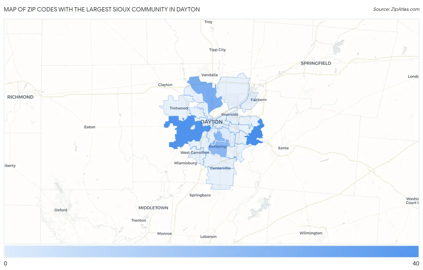 Zip Codes with the Largest Sioux Community in Dayton Map