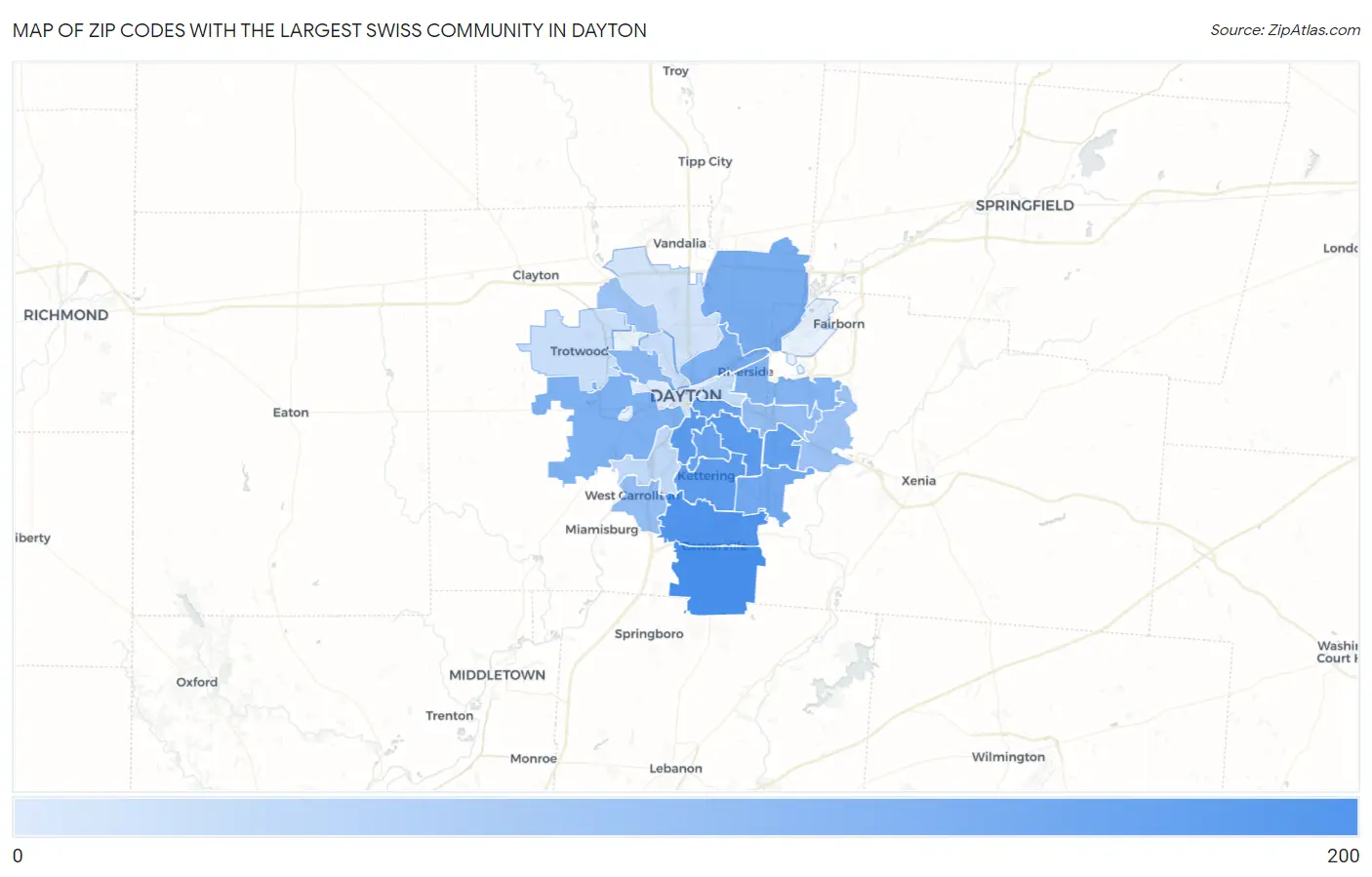 Zip Codes with the Largest Swiss Community in Dayton Map
